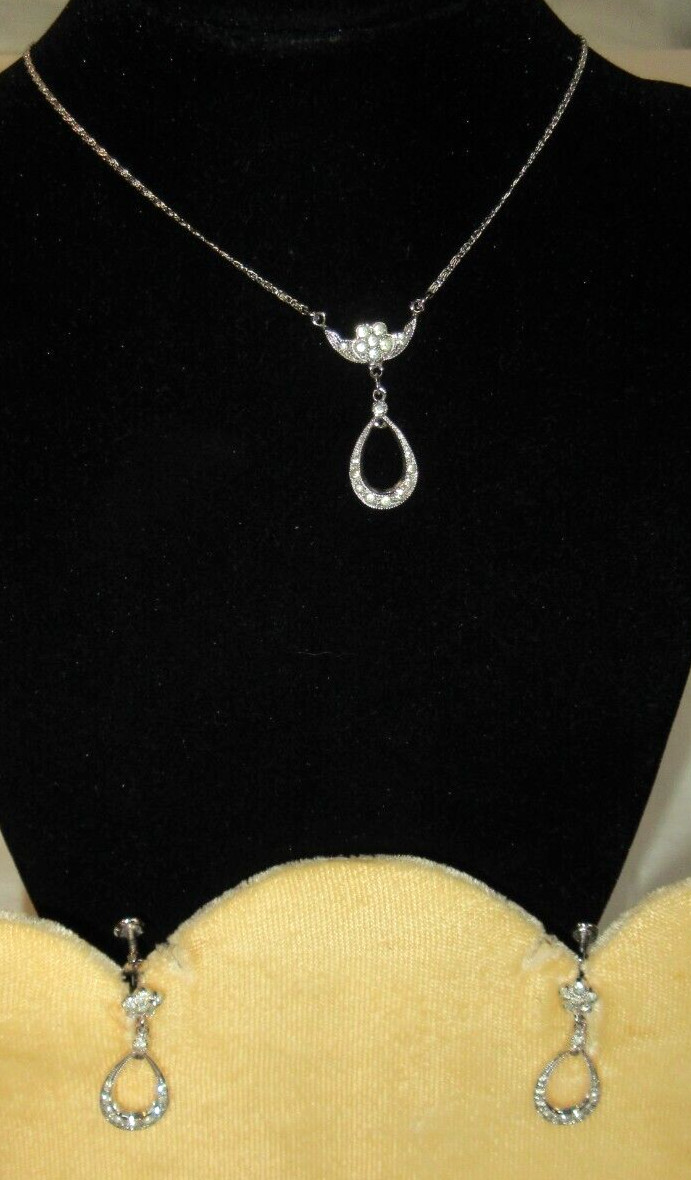 STERLING RHODIUM FINISH~HAND SET STONES~3 PIECE~NECKLACE & SCREWBACKS~17 1/2″
