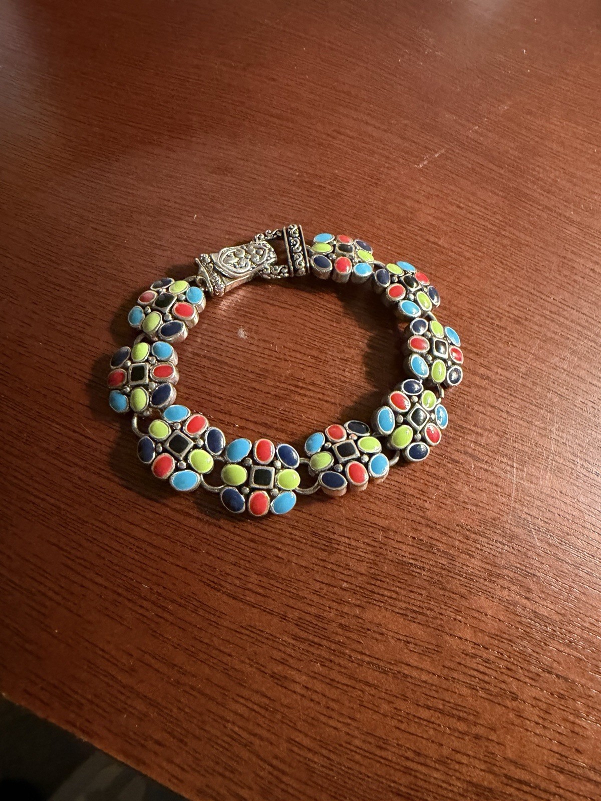 Colorful Bracelet Enamel Square Link Fun Silver Tone Metal 8 Inch Magnet Clasp