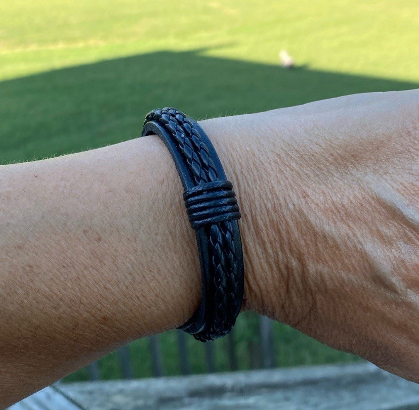 Black faux leather adj. wrist strap bracelet layered braiding detail unisex