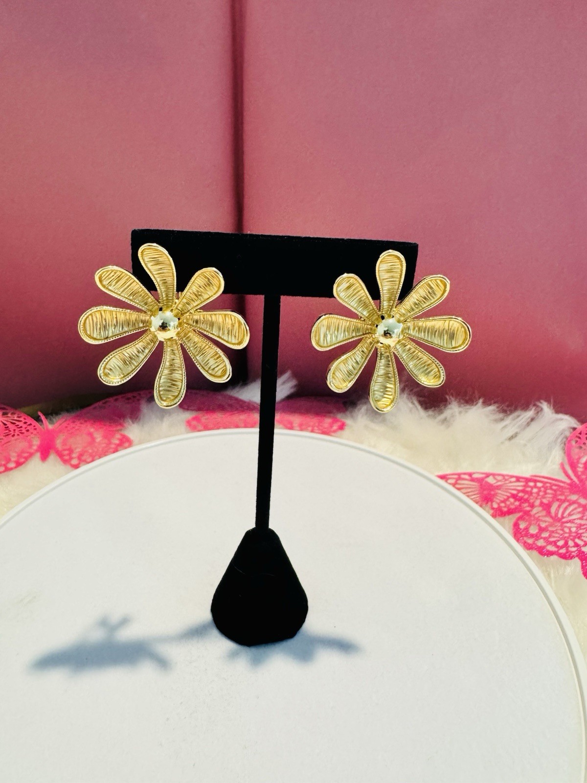 Gold Tone Flower Stud Earrings Metal Lobe with Clear Rhinestone Center