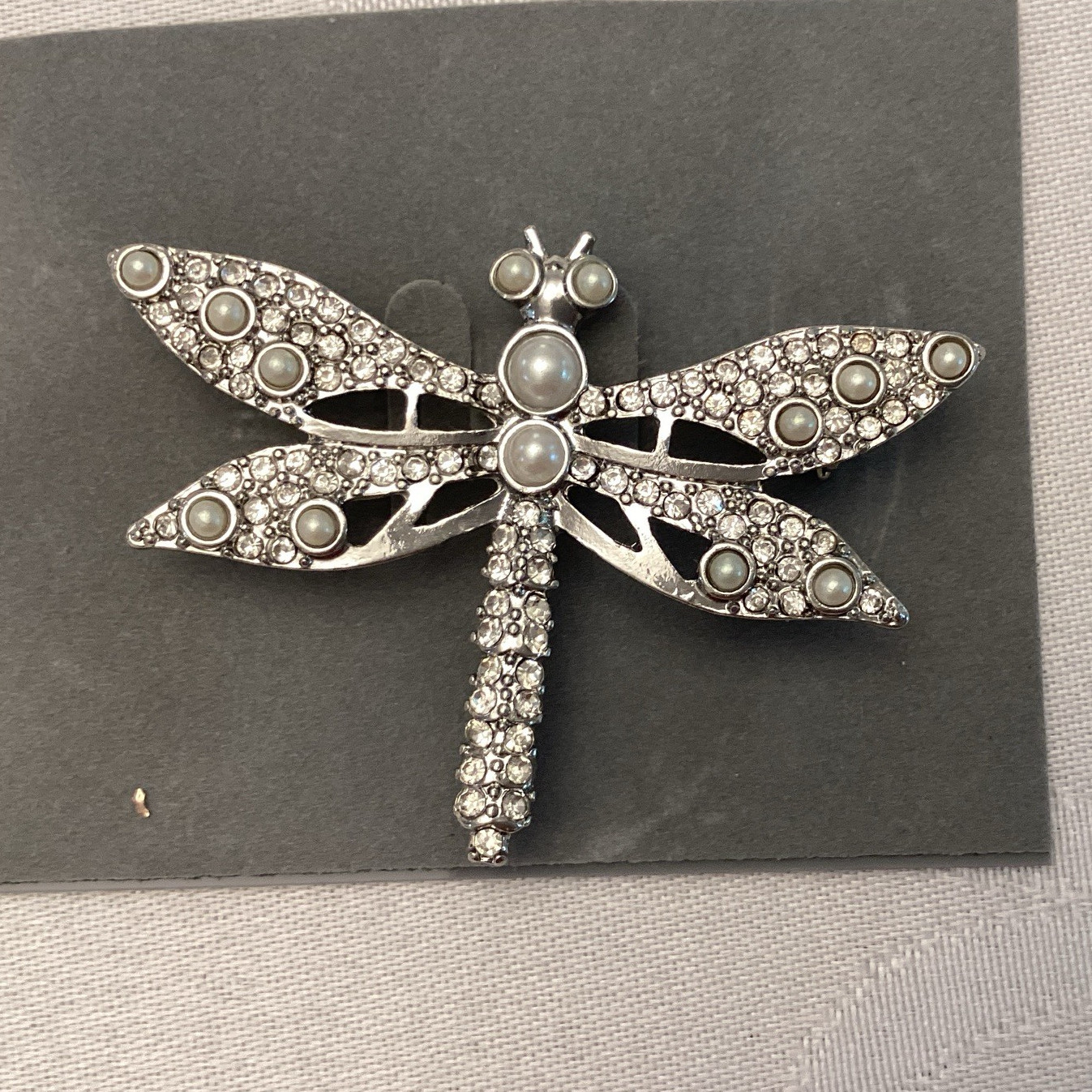 Silver Tone Dragonfly Brooch Pin White Rhinestone Round Animals & Insects