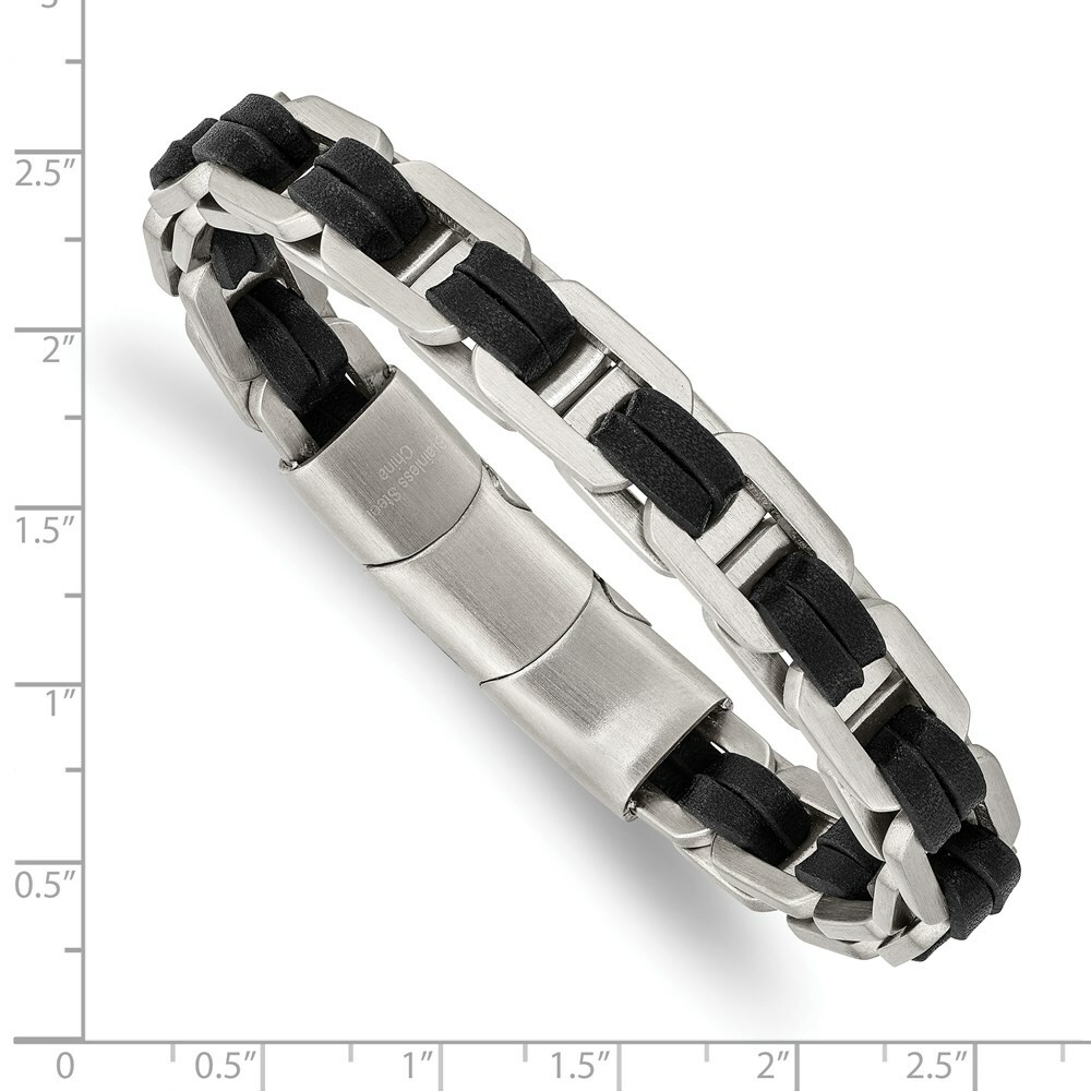 Stainless Steel Brushed with Black PU Leather w/.5in ext 7.75in Link Bracel