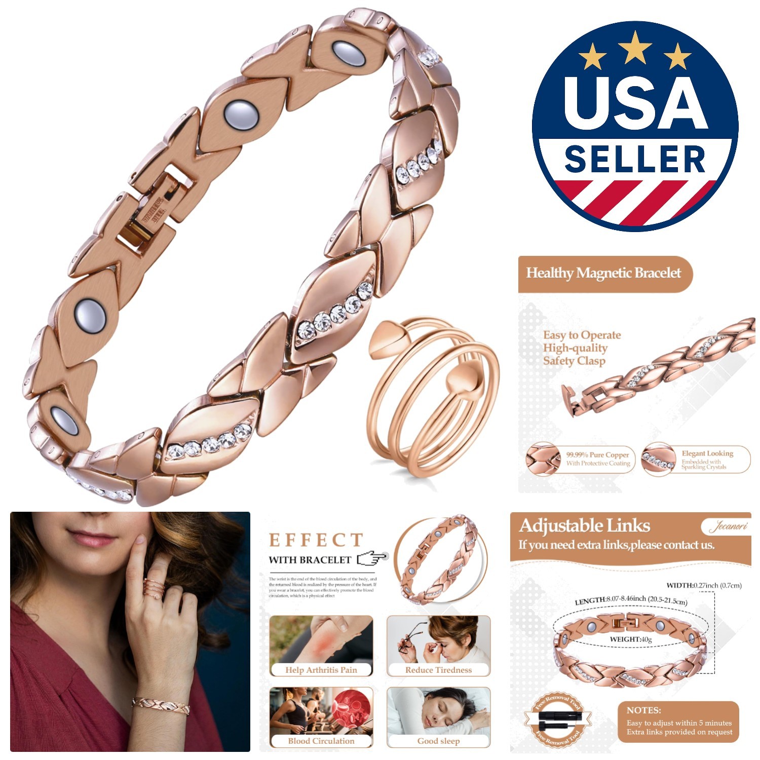 Adjustable Copper Magnetic Bracelet for Women – 99.9% Pure Rose Gold Elegance