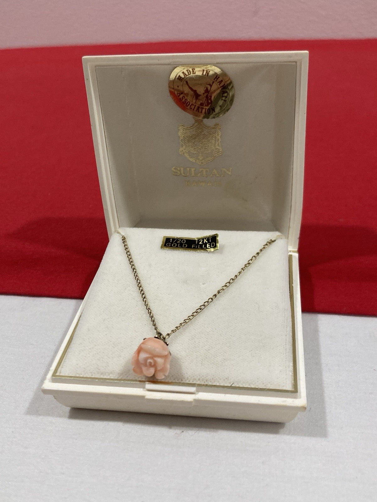 Vintage 1/20 12k G.F. Gold Filled Carved Pink Rose Flower Pendant & Necklace 18”