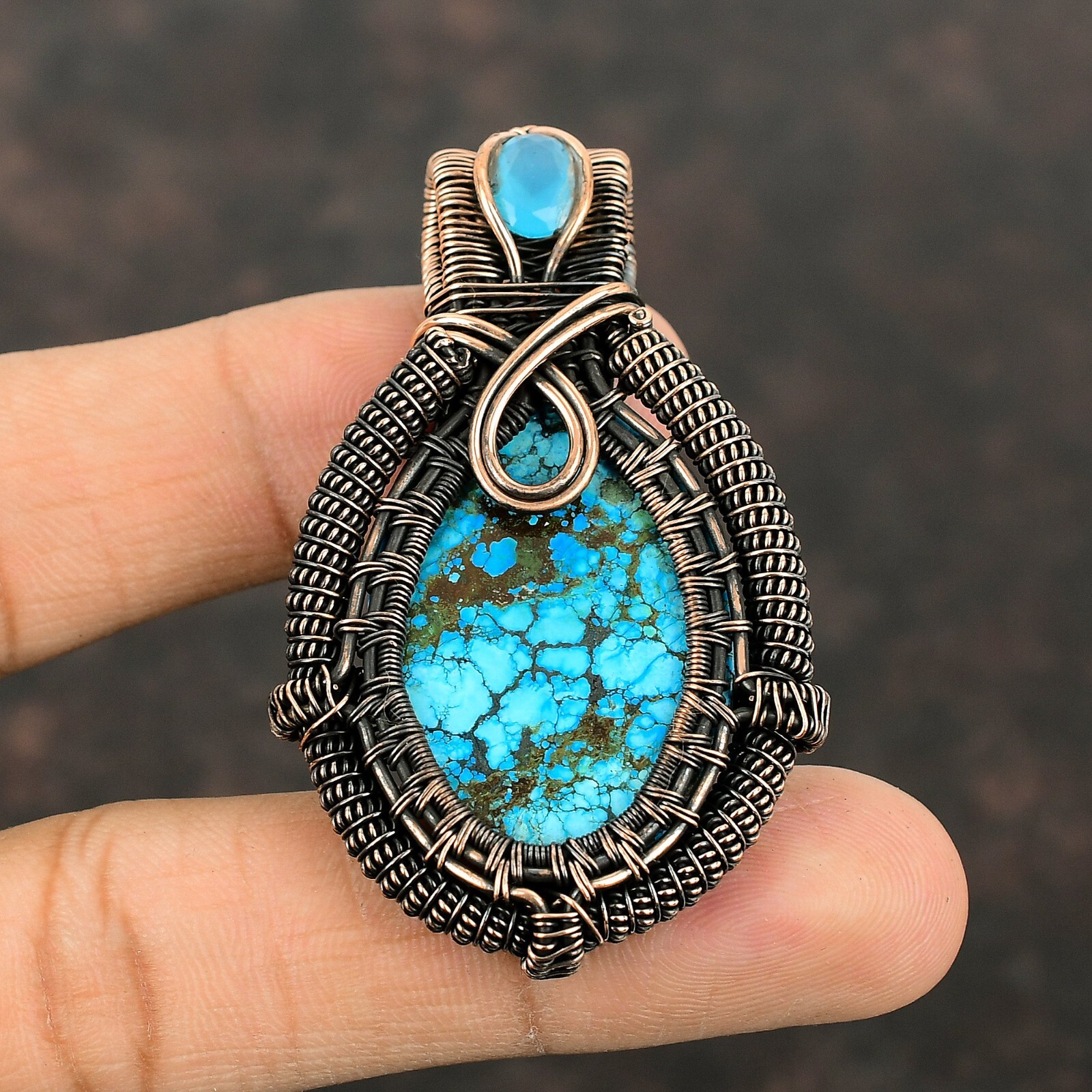 Tibetan Turquoise Jewelry Copper Birthday Gift Wire Wrapped Pendant 2.4″