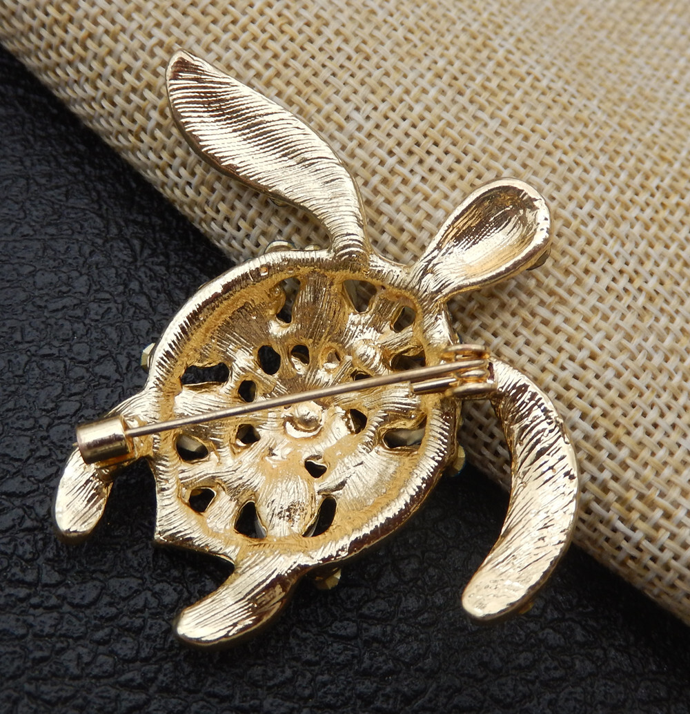 Women’s Green Blue Crystal Rhinestone Turtle Brooch Pin