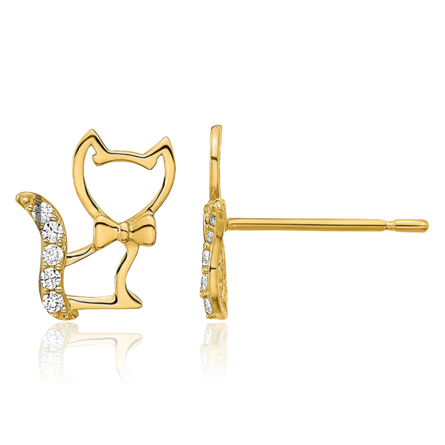 14K Solid Yellow Gold Cubic Zirconia Large Kitten Cat Stud Earrings 9.14mm 3/8