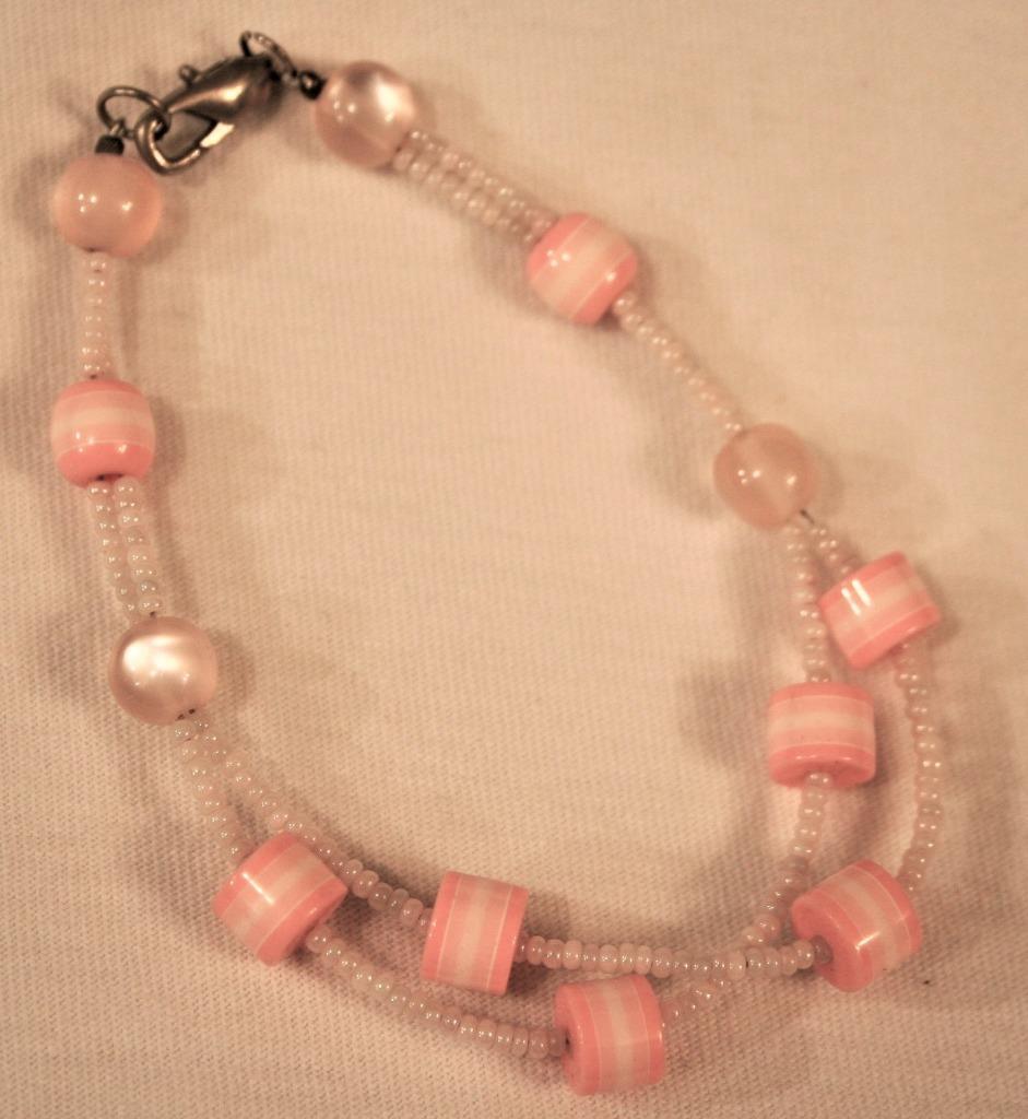 Fun! Pink & White Striped Beads Pale Seed Beaded Silvertone Bangle Bracelet
