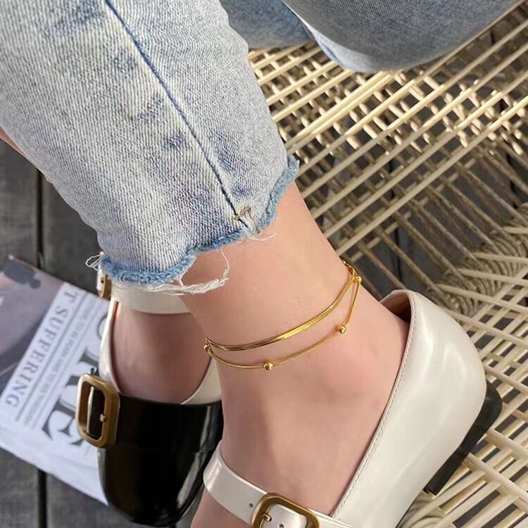 Set Woman 14k Gold Plated 2 Layer Herringbone Snake Chain Beaded Anklet/Necklace