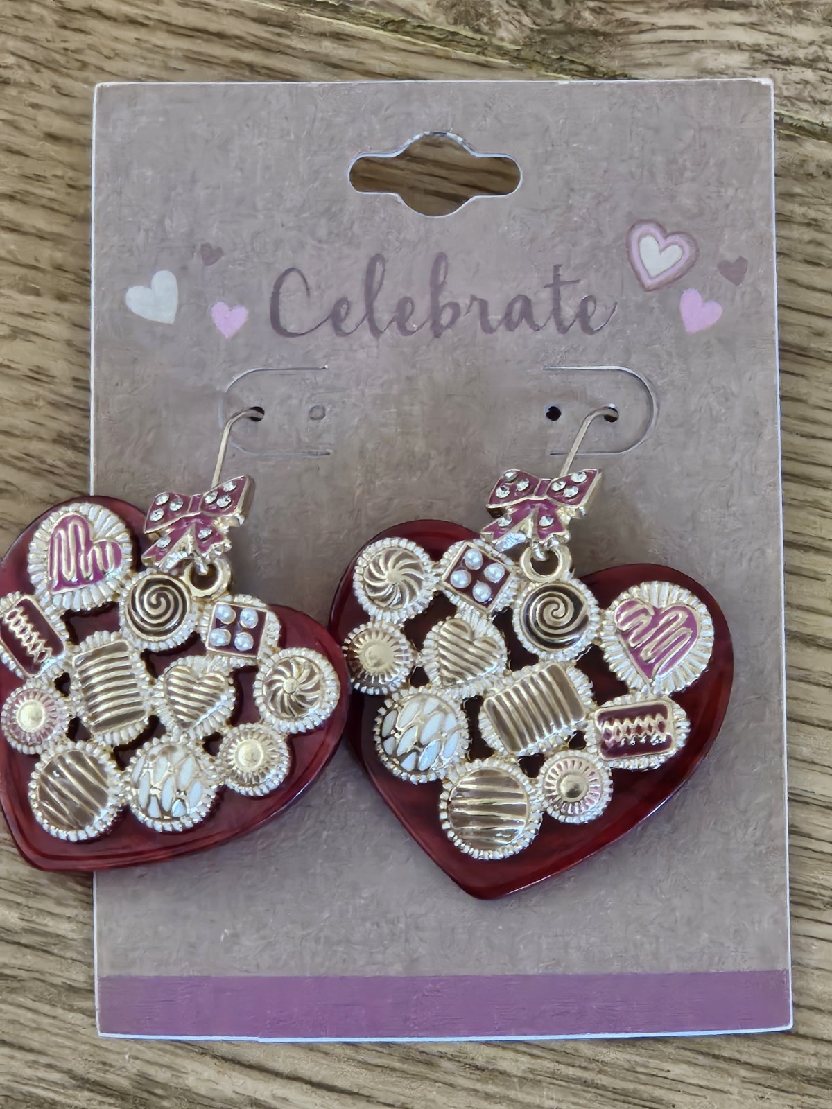 Celebrate Heart Dangle Earrings Red Gold Pink White Hook Closure