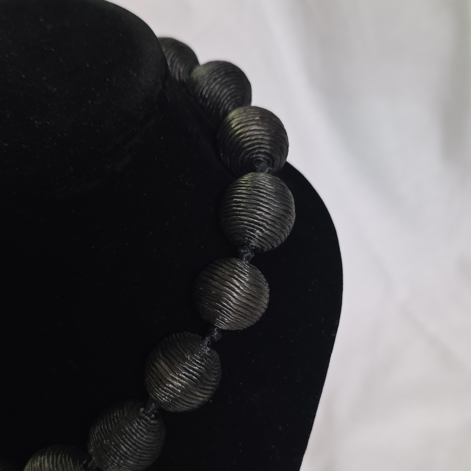 Black Fabric Round Beaded Statement Necklace, Cable Chain, Lobster, Adjustable