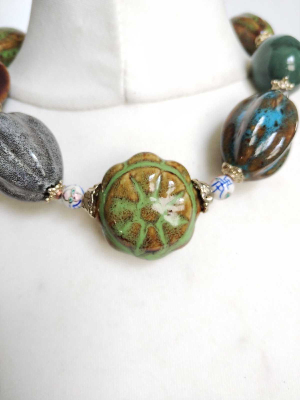 Chunky Glazed Ceramic Mixed Shapes Beaded Statement Necklace, blue green brown