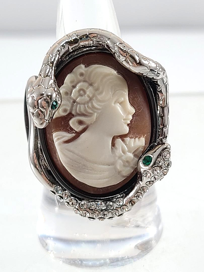 Amedeo NYC Carved Shell Cameo Snake Frame Gun Metal Finish Ring With Rhinestones