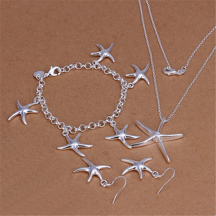 Women’s Silver Starfish Jewelry Set Necklace Bracelet Earrings Gift