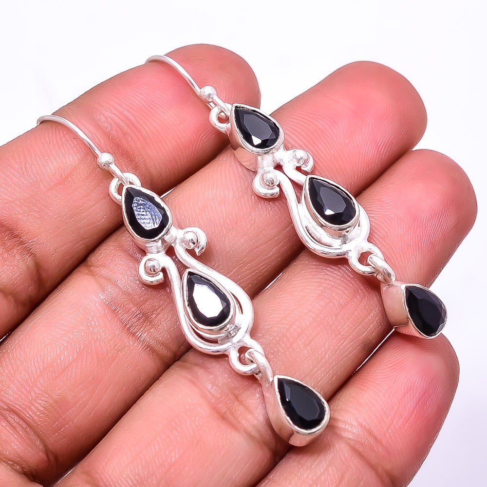 Black Onyx Multi Collet 925 Sterling Silver Earring 2.11″ E5, Christmas Gift