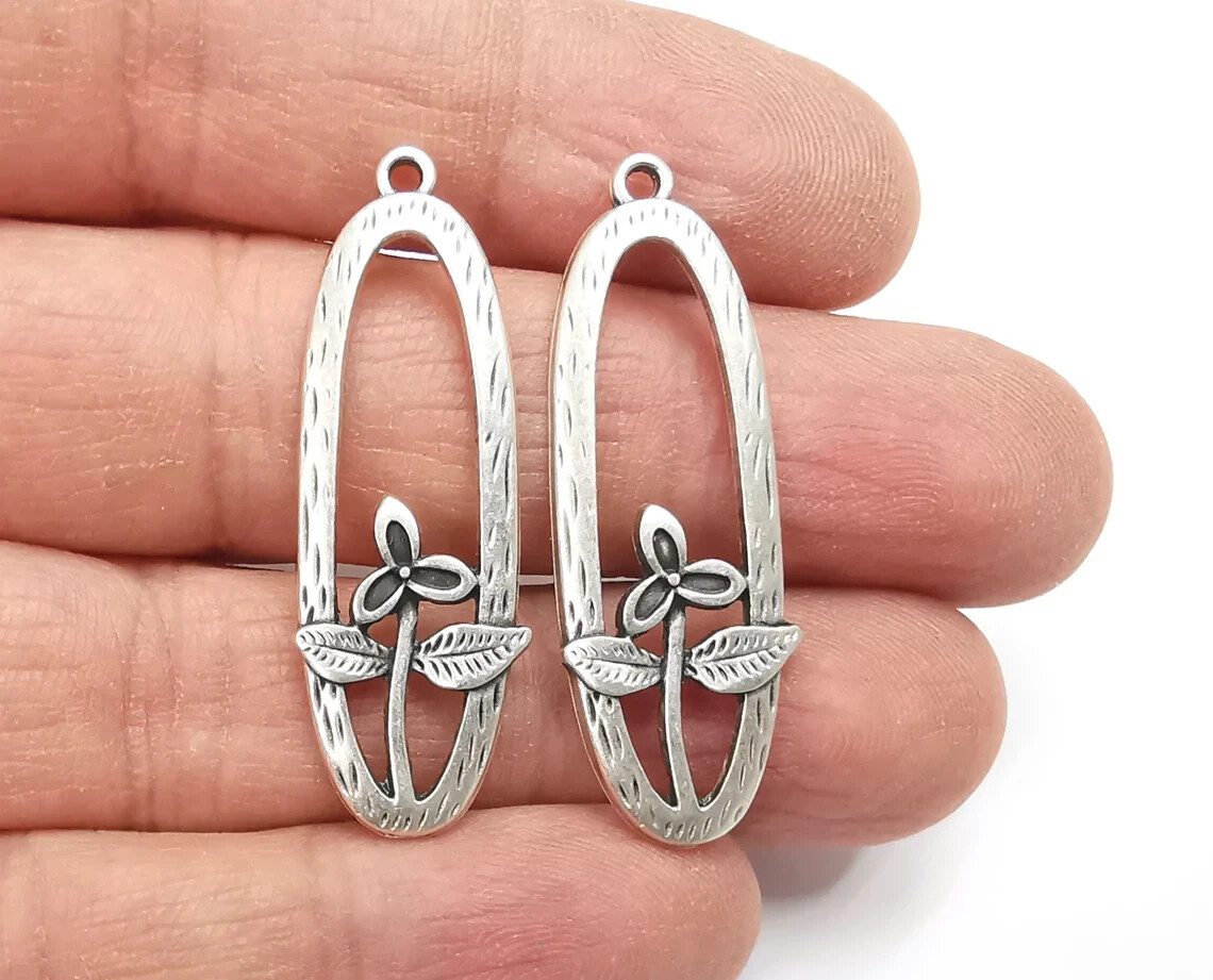 2 Pieces Flower Leaf Oval Charms Antique Silver Plated jewelry Accessories
