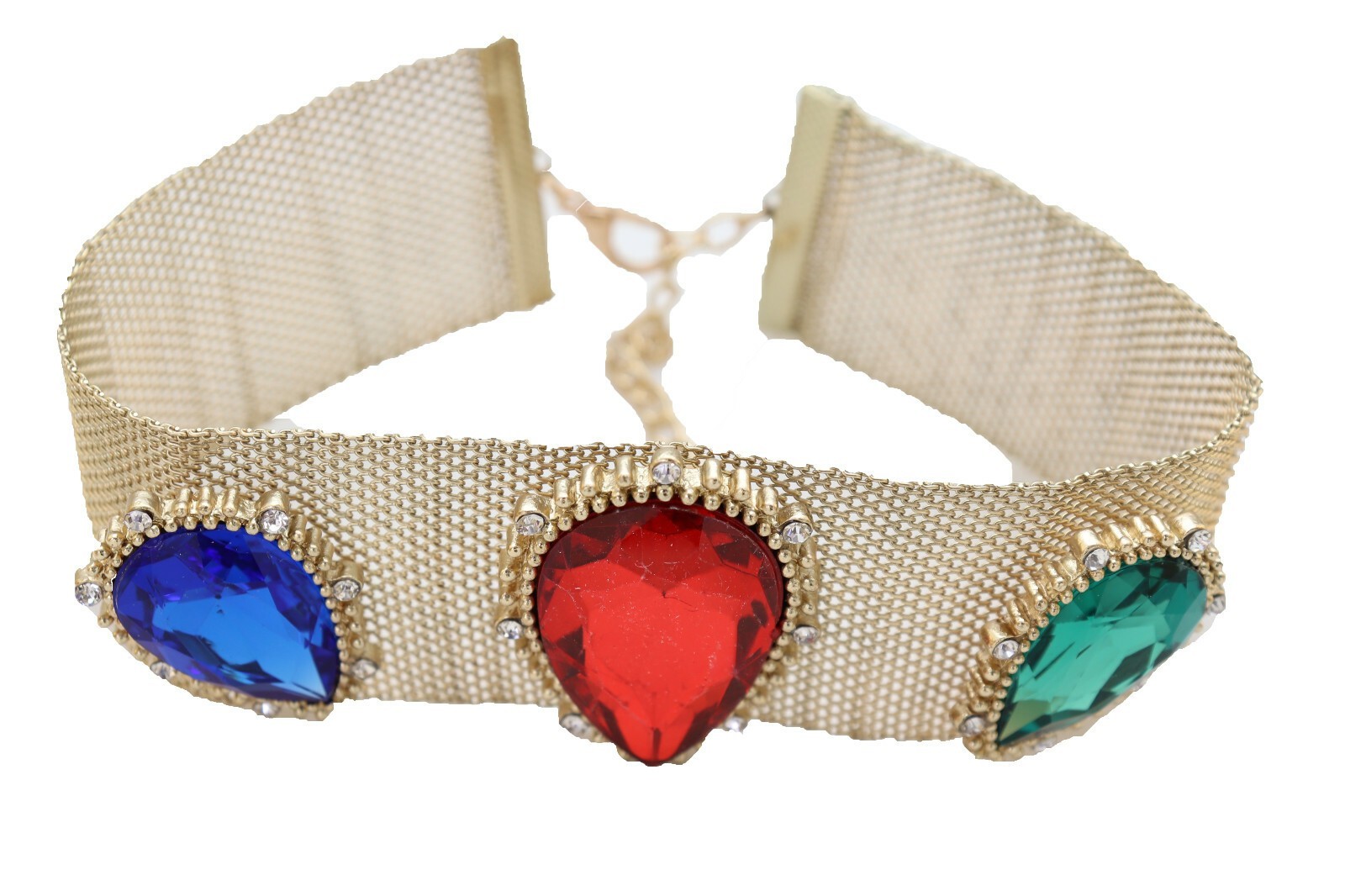NEW Women Jewelry Gold Mesh Metal Choker Band Necklace Red Blue Green Crystals