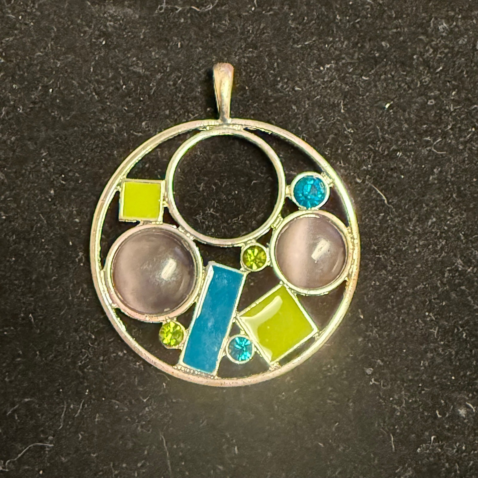 Geometric Silver Tone Pendant Cats Eye Enamel Mixed Shapes Blue Green Grey 2″