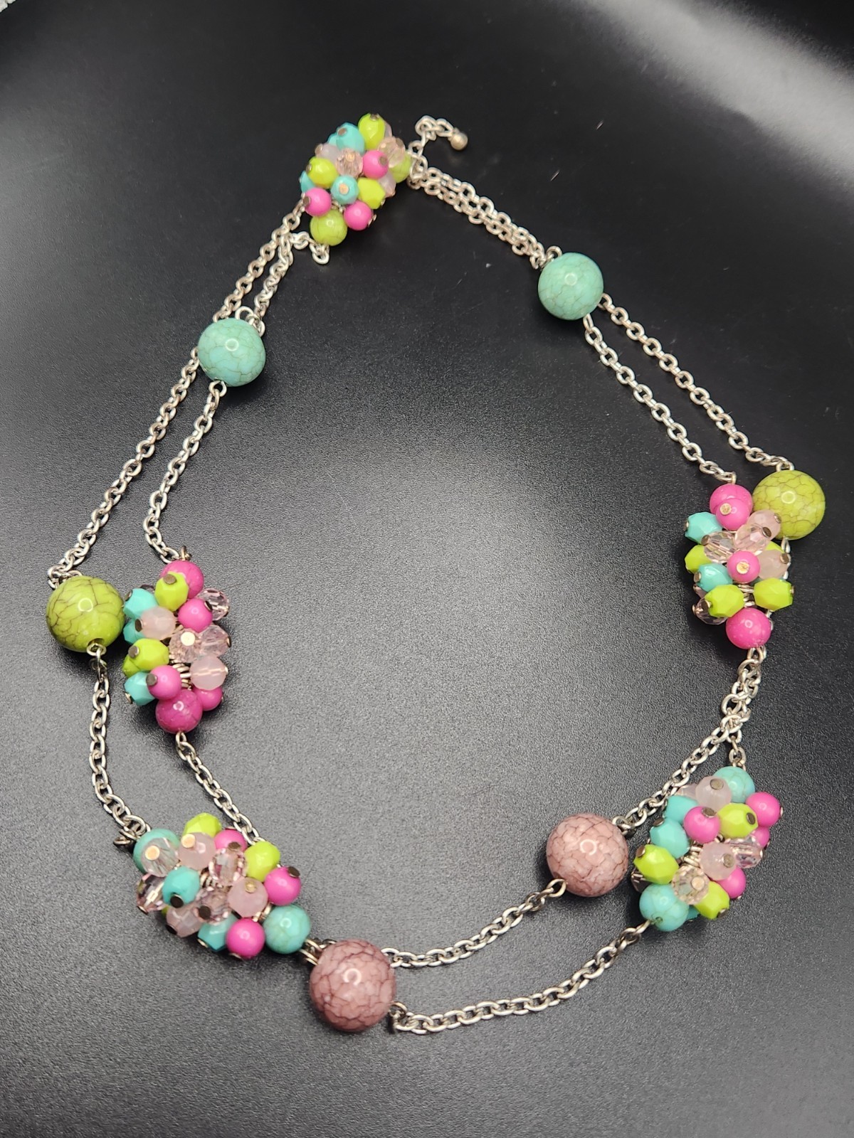 #0242 – Colorful Beaded Long Necklace Pink Blue Green Silver Tone Chain 38″ Boho