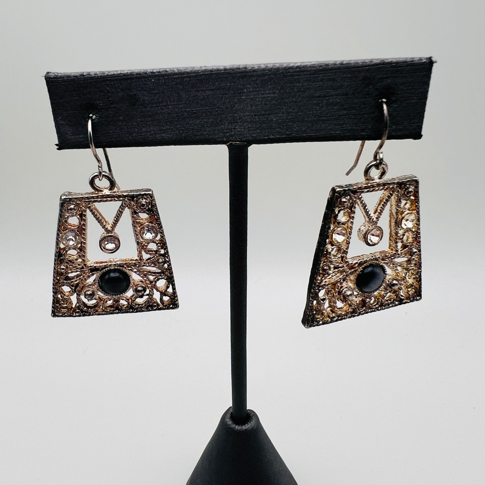 Vintage Filigree Trapezoid Earrings Black Stone Rhinestone Accent Dangle Drop