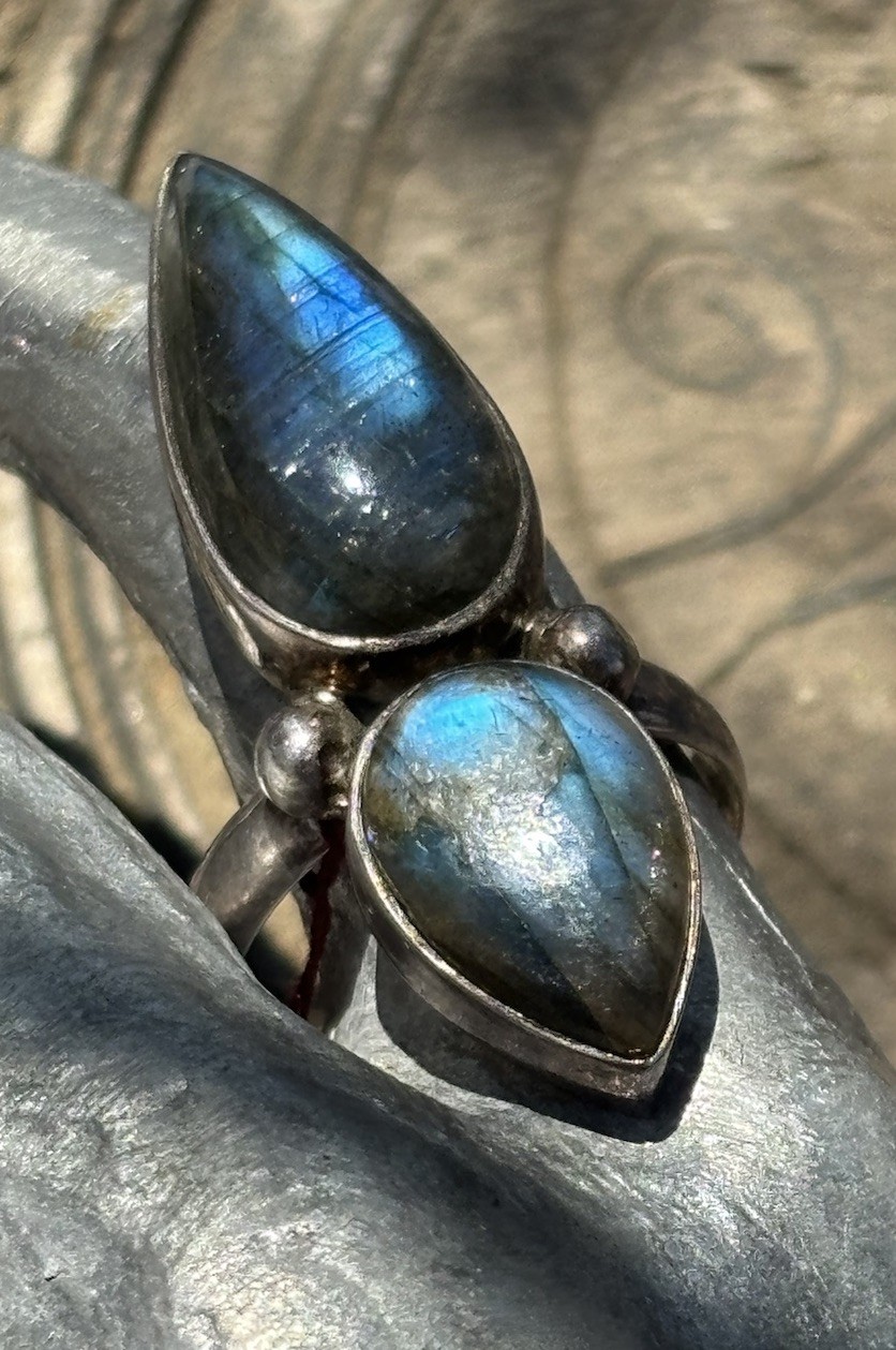 Double pear shaped labradorite gemstone silver ring size 9