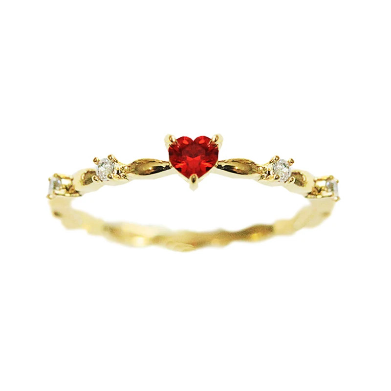 Gold Tone Red Heart Ring Women Cubic Zircon Classic Wedding Modern Band Jewelry