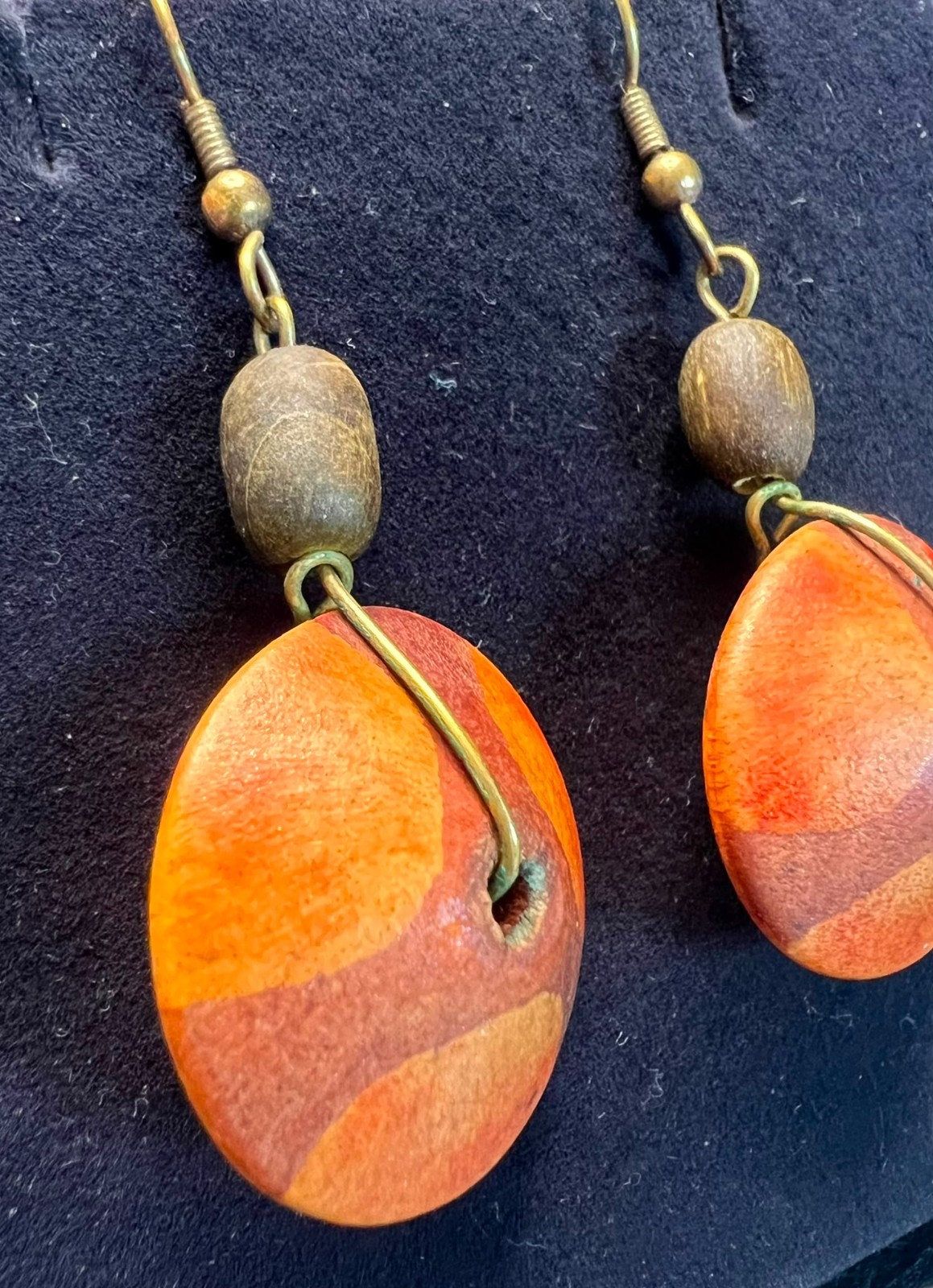 Vintage Avalaya Wooden Coin Dangle Earrings Orange Brown Boho Statement 5cm Hand