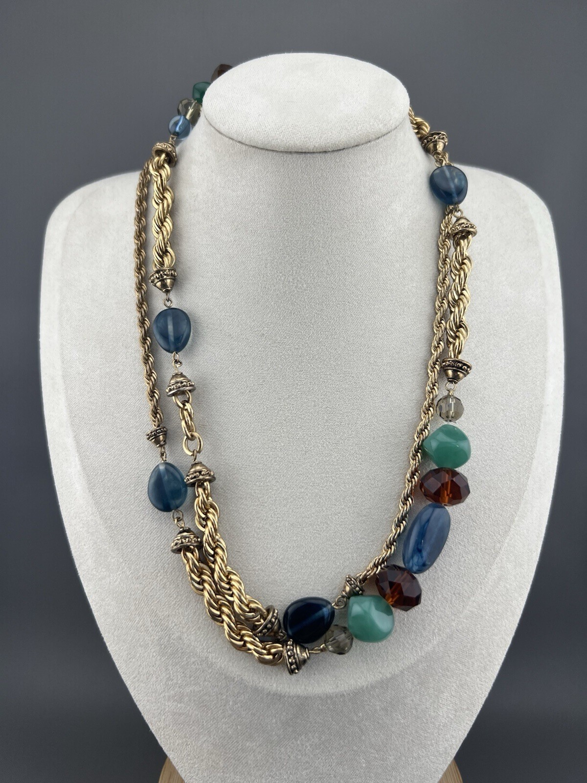 Beaded Chain Necklace Blue Green Brown Glass Thick Gold Tone Rope 37”