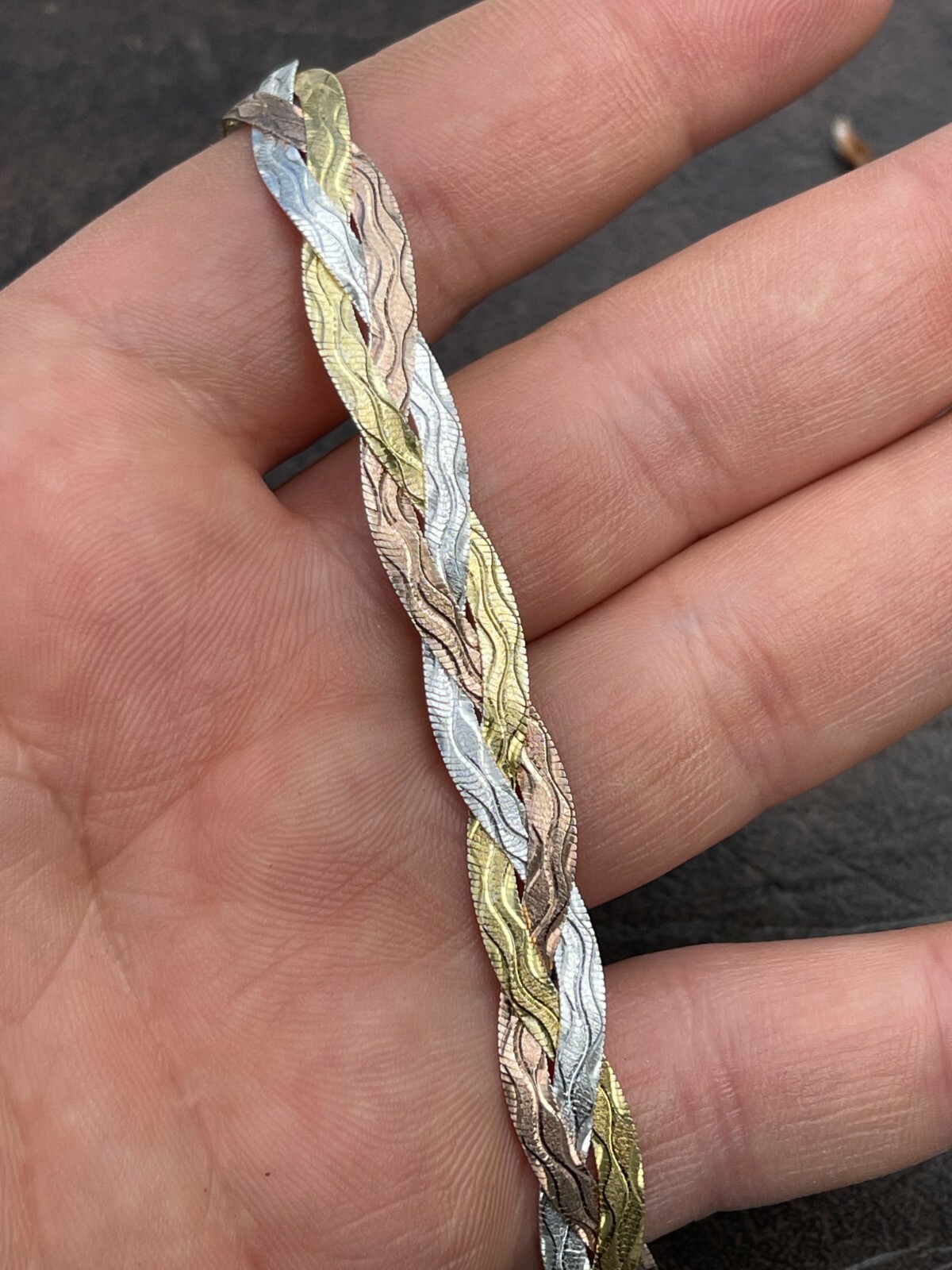 Solid 925 Silver Tri Color Yellow Rose Gold Plated Braided Herringbone Bracelet