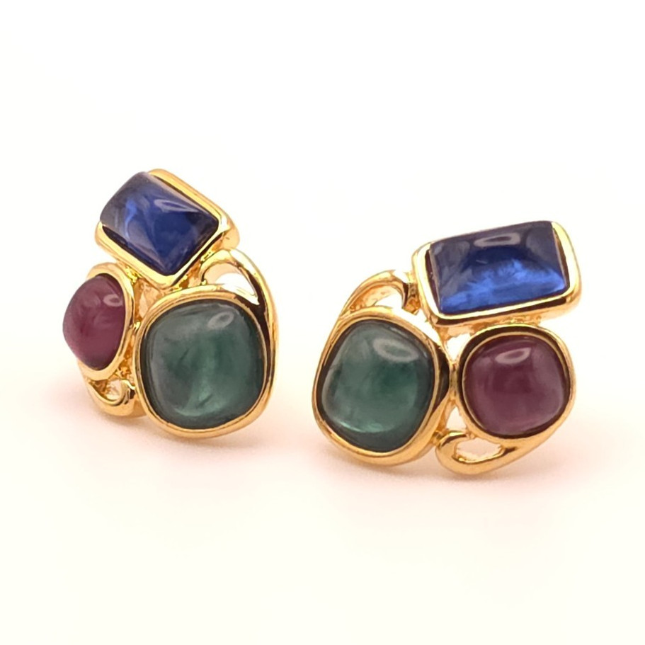 Vintage Trifari Moghul Gold Tone Red Blue Green Cabochon Stud Earrings