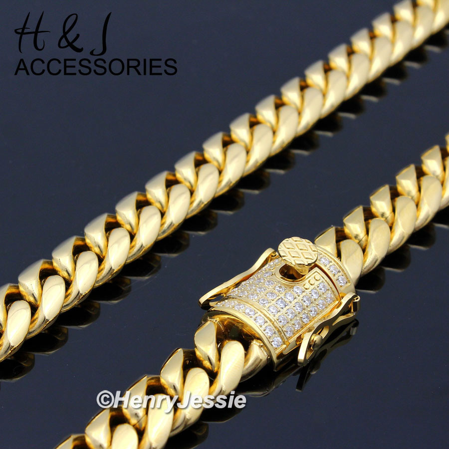 18-40″MEN Stainless Steel 10/12/14mm Gold Plated ICY CZ Miami Cuban Necklace*158