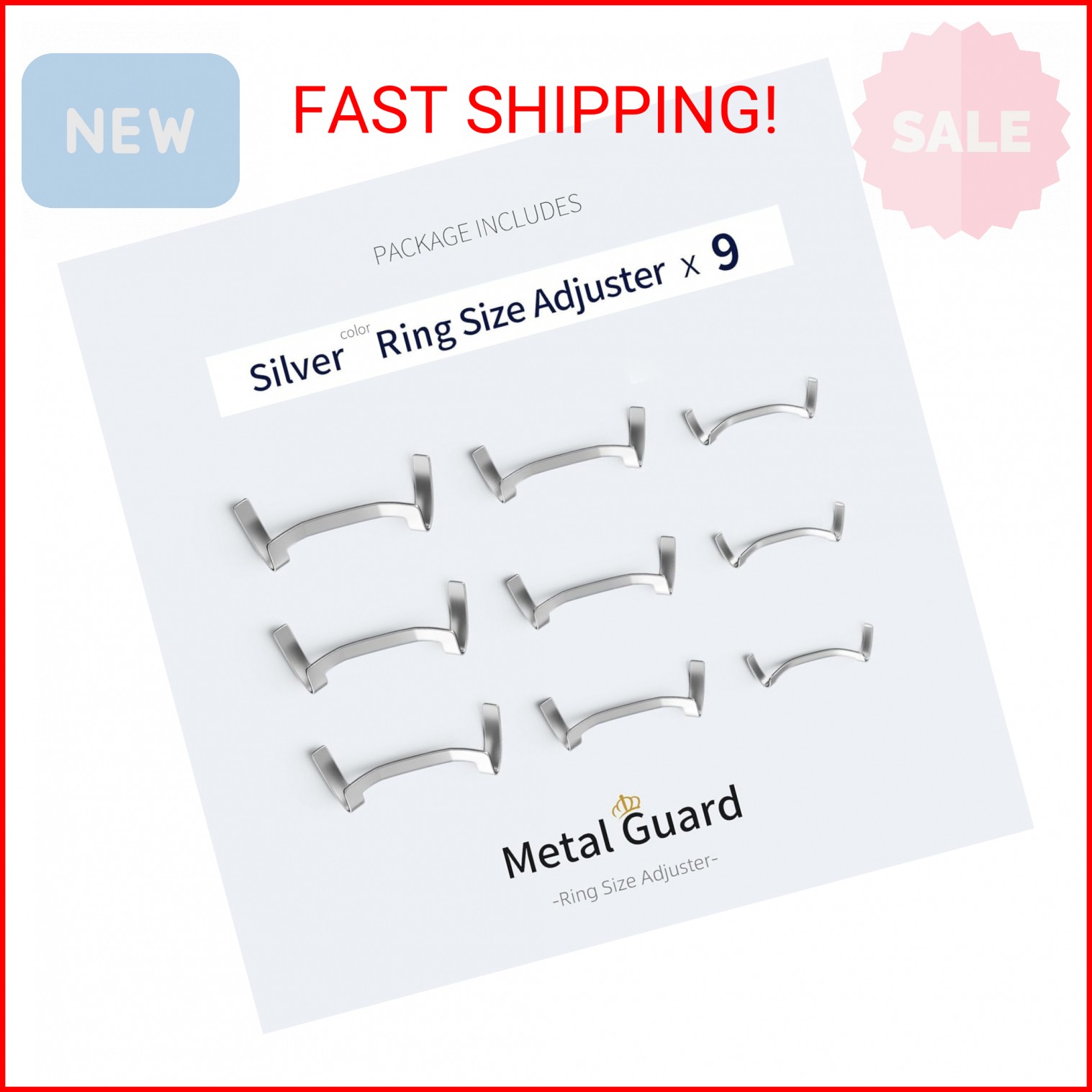 ELETIUO 9 Pack Filled Silver Metal Ring Guard,Invisible Ring Size Adjuster Set f