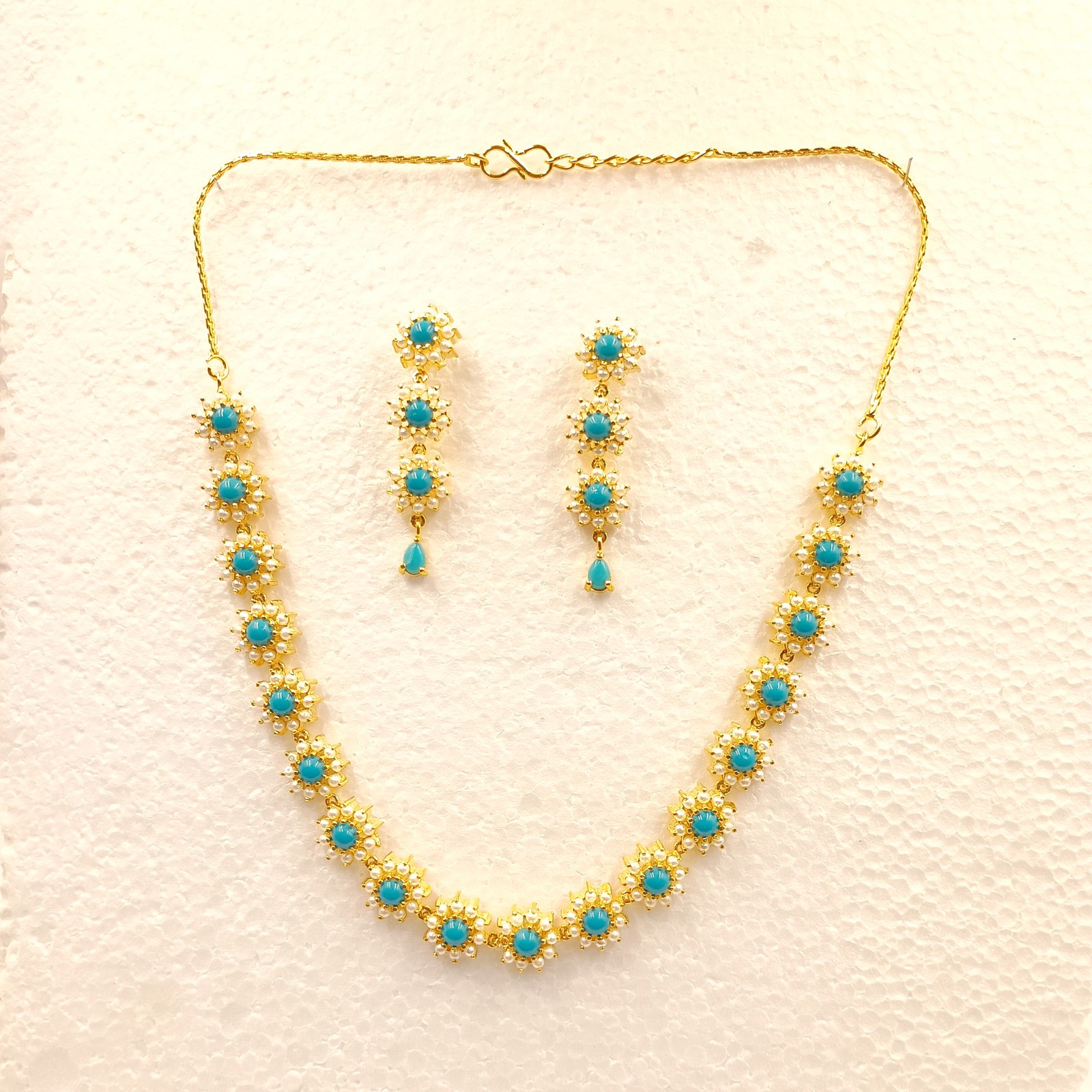 Bohemian Turquoise Pearl Necklace Set 22k Gold Plated Wedding Party Jewelry Gift