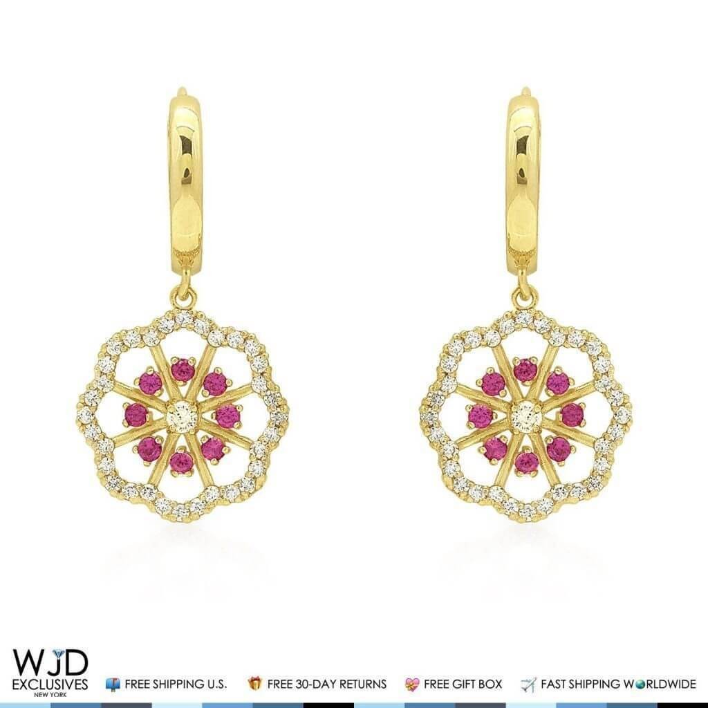 1CTW Simulated Diamond Ruby 14K Yellow Gold Flower Huggie Hoop Dangle Earrings