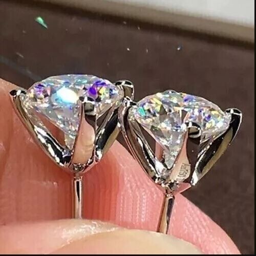 Round Cut 2 Ct Lab Created Diamond Solitaire Stud Earrings 14K White Gold Finish