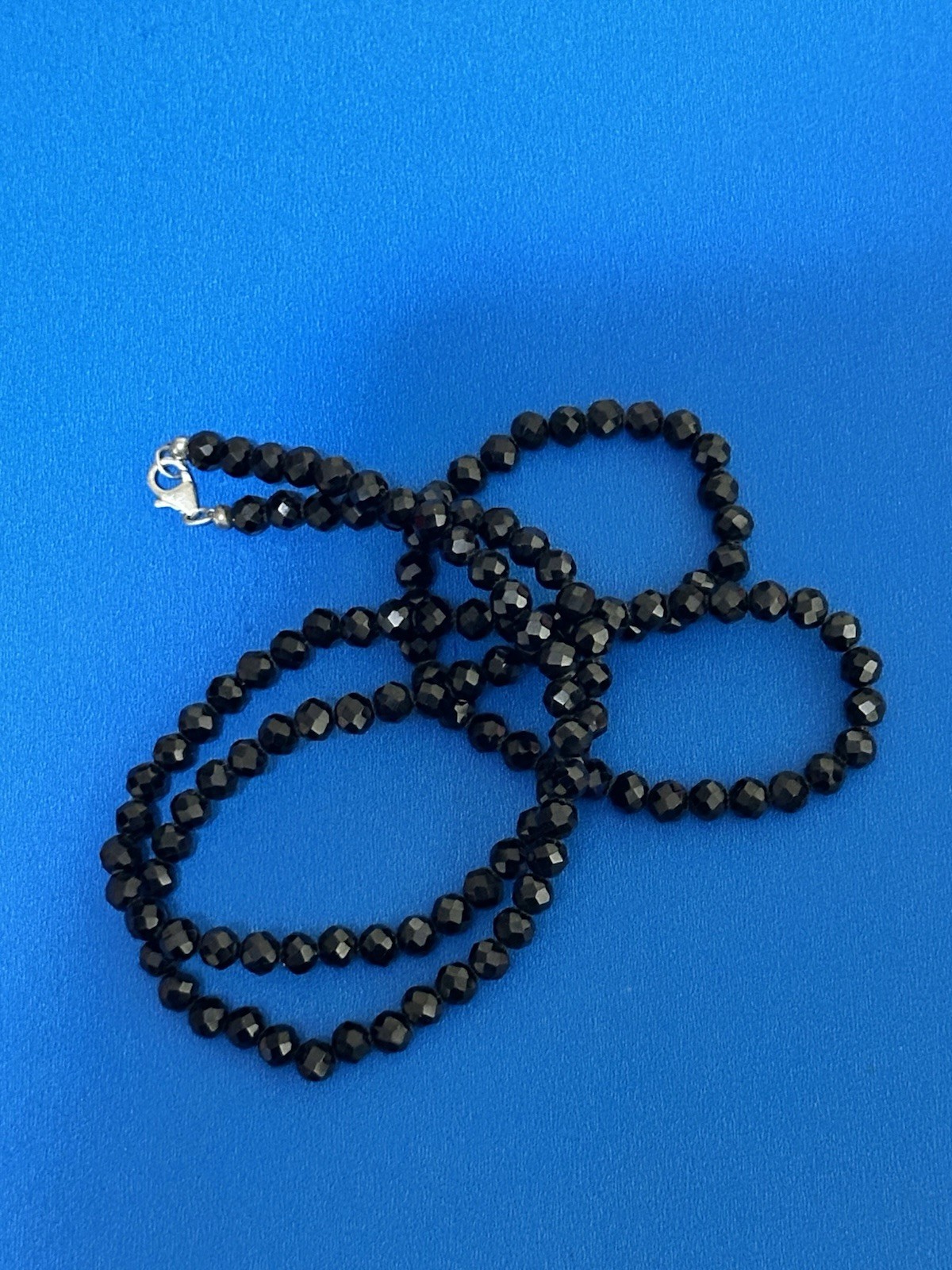 Natural Black Spinel Faceted Sparkling Beaded Necklace 30inches- 7mm- .925 clasp