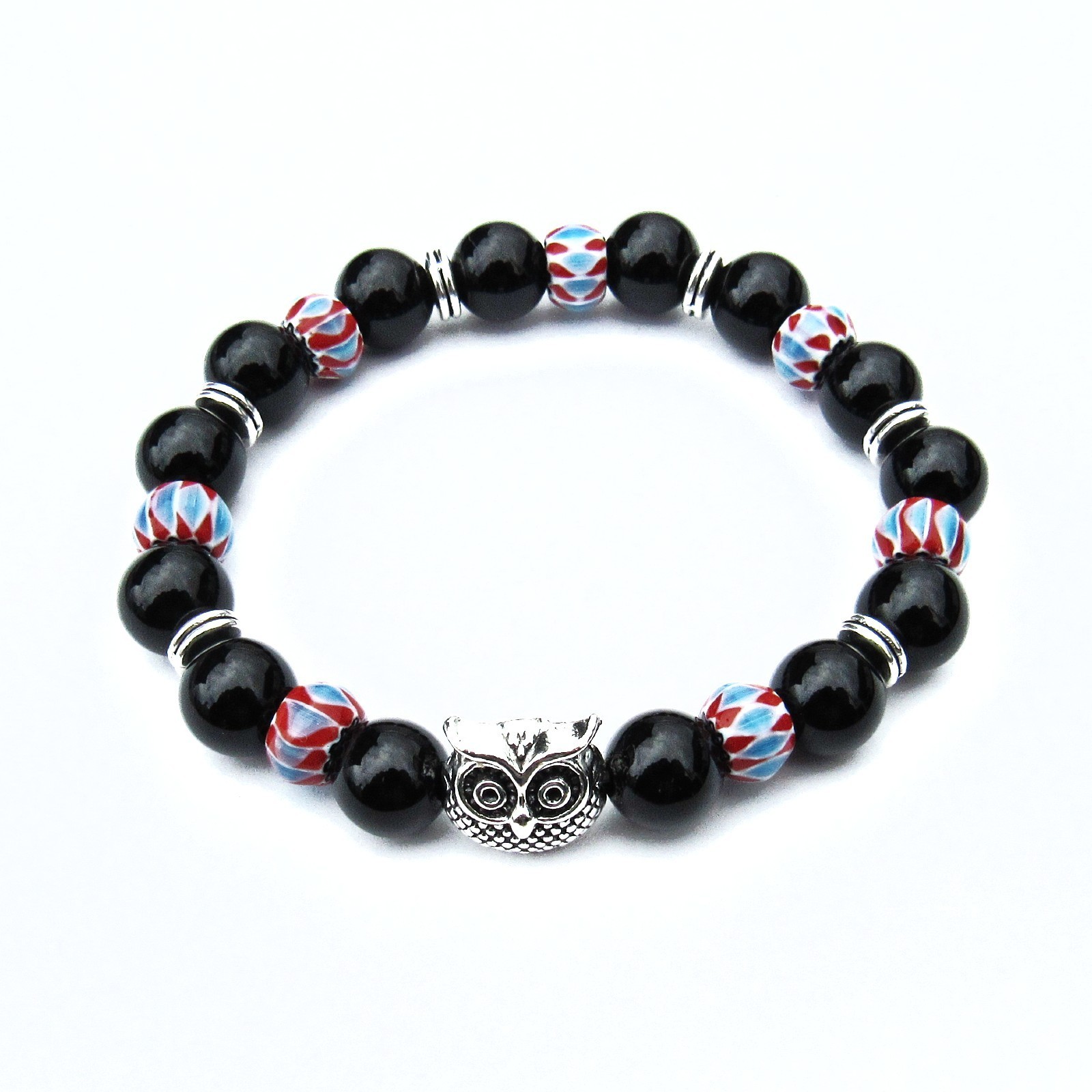 Black Agate Stone Stretch Bracelet, 6 Inches, Pewter Owl, Chevron Glass Beads