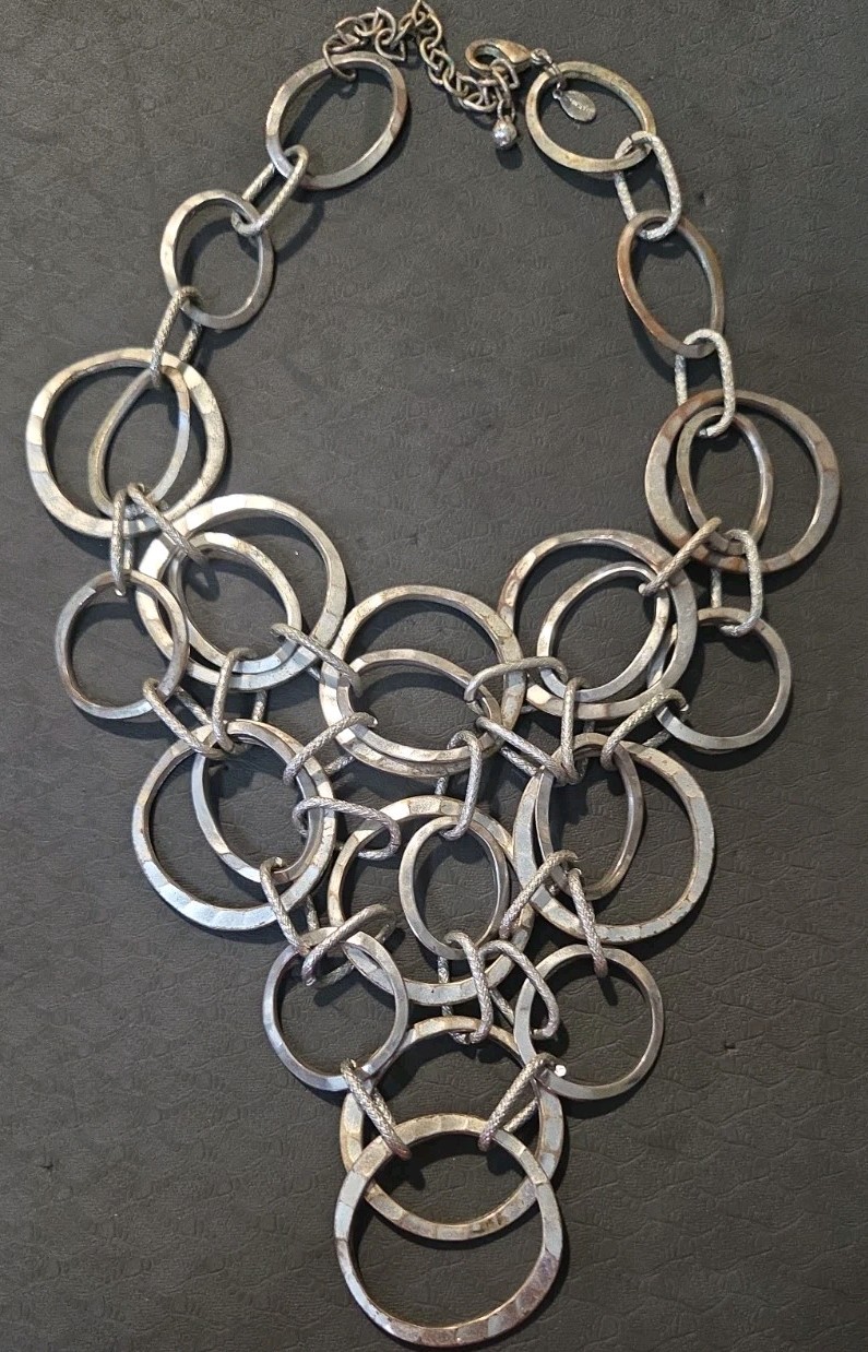 CHICO Silver Tone Statement Link Necklace Heavy Modern Mixed Ring Design 157g
