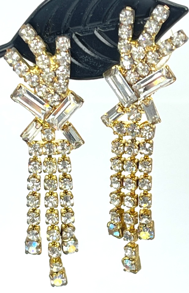 Earrings Dressy Gold Tone Clear Crystal Enhanced Asymmetrical Design. Drop = 2″