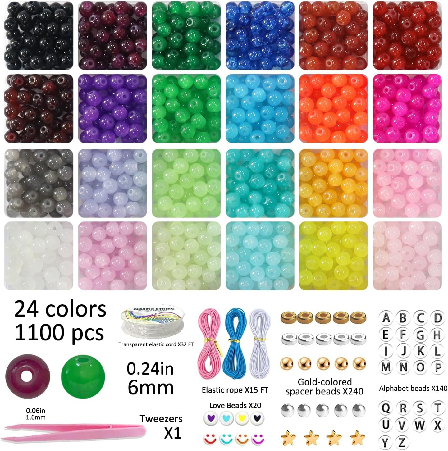 6mm Glass for Bracelets 1400pcs 24 Colors Round Crystal Glass Bracelet