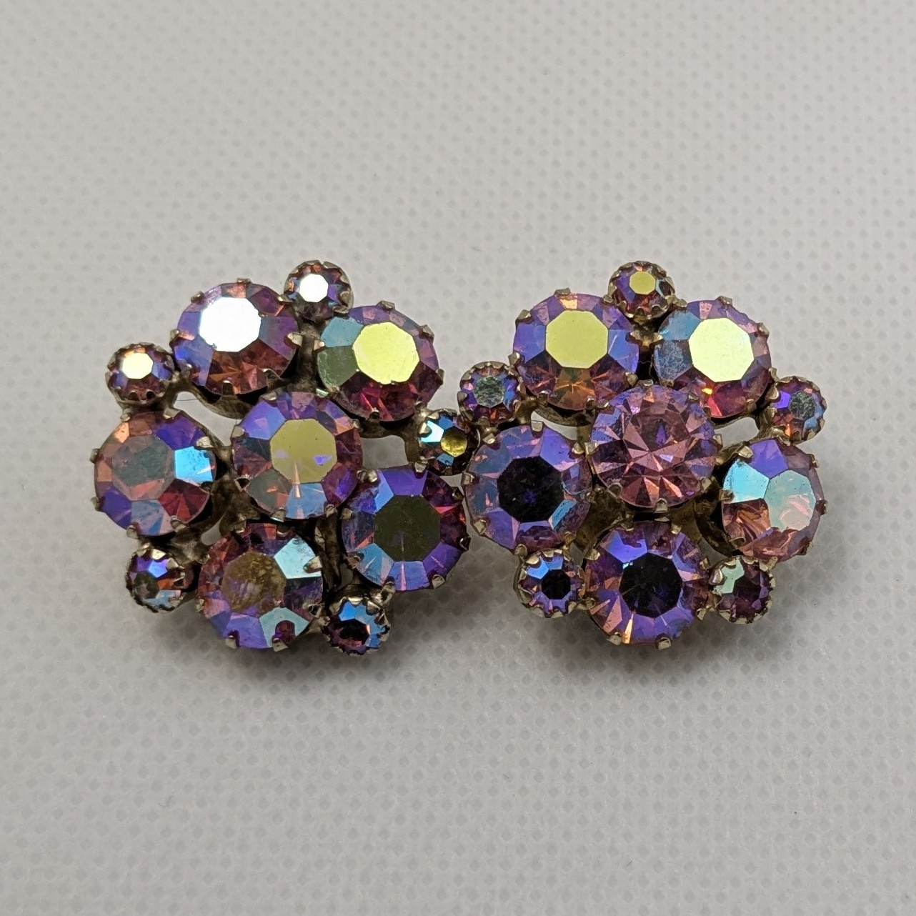 Vintage Gold Tone Pink Aurora Borealis Crystal Rhinestone Cluster Clip-Ons
