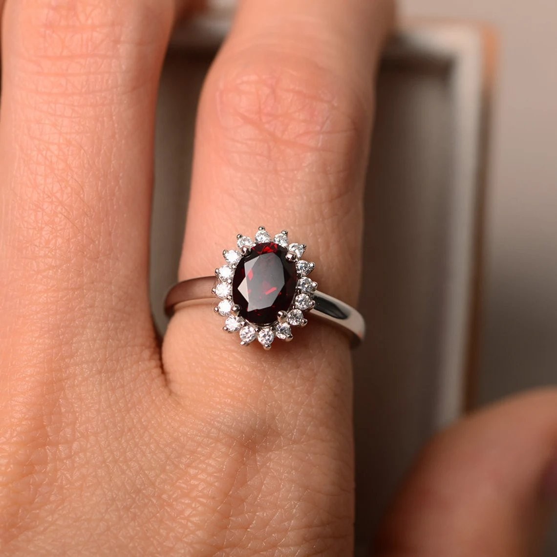 2CT Garnet Oval Gemstone 925 Silver Plated Halo Ring Duty Free