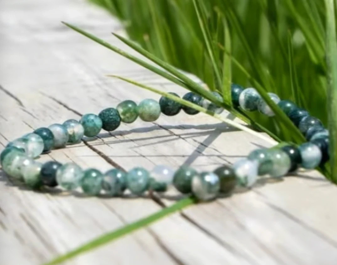 Natural Moss Agate Beaded Bracelet – 4mm Healing Crystal for Balance & Luck Gift