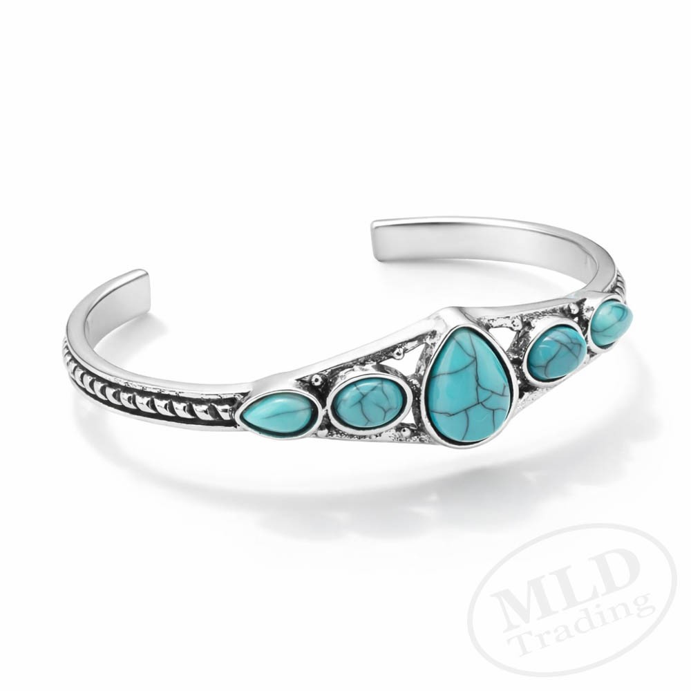 Turquoise Cuff Bracelet – Alloy Silver Tone Natural Stone Southwestern Style