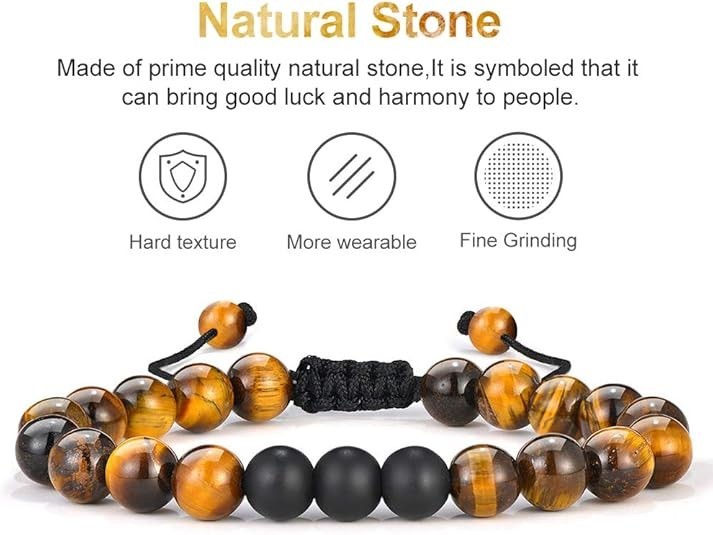 2PCS Men Bracelet 8mm Tiger Eye Lava Rock Gem Stone Bead Bracelet Boyfriend US