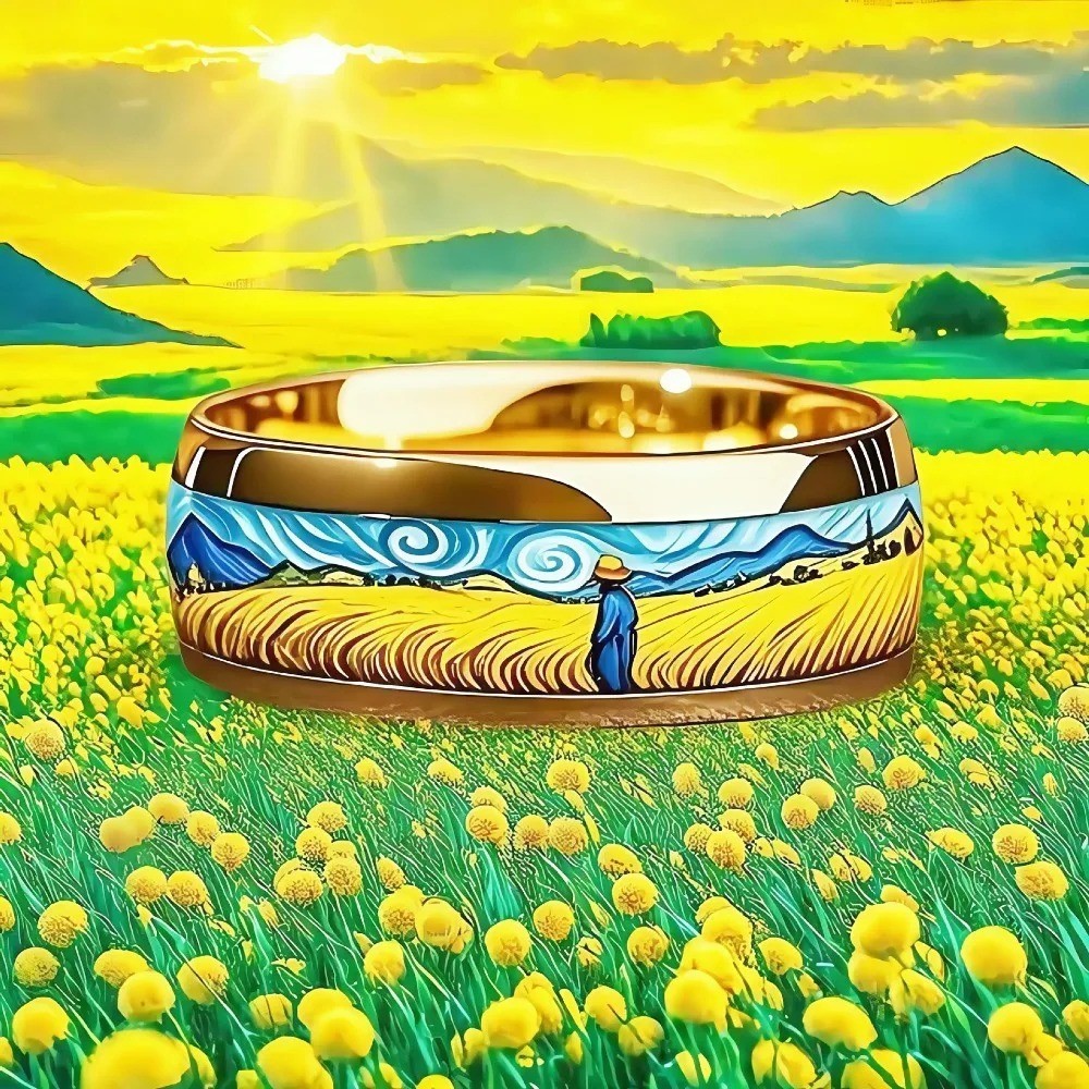 Oil Painting Inlay Ring Yellow Blue Color Unisex 8mm Stainless Steel Fashion Gif