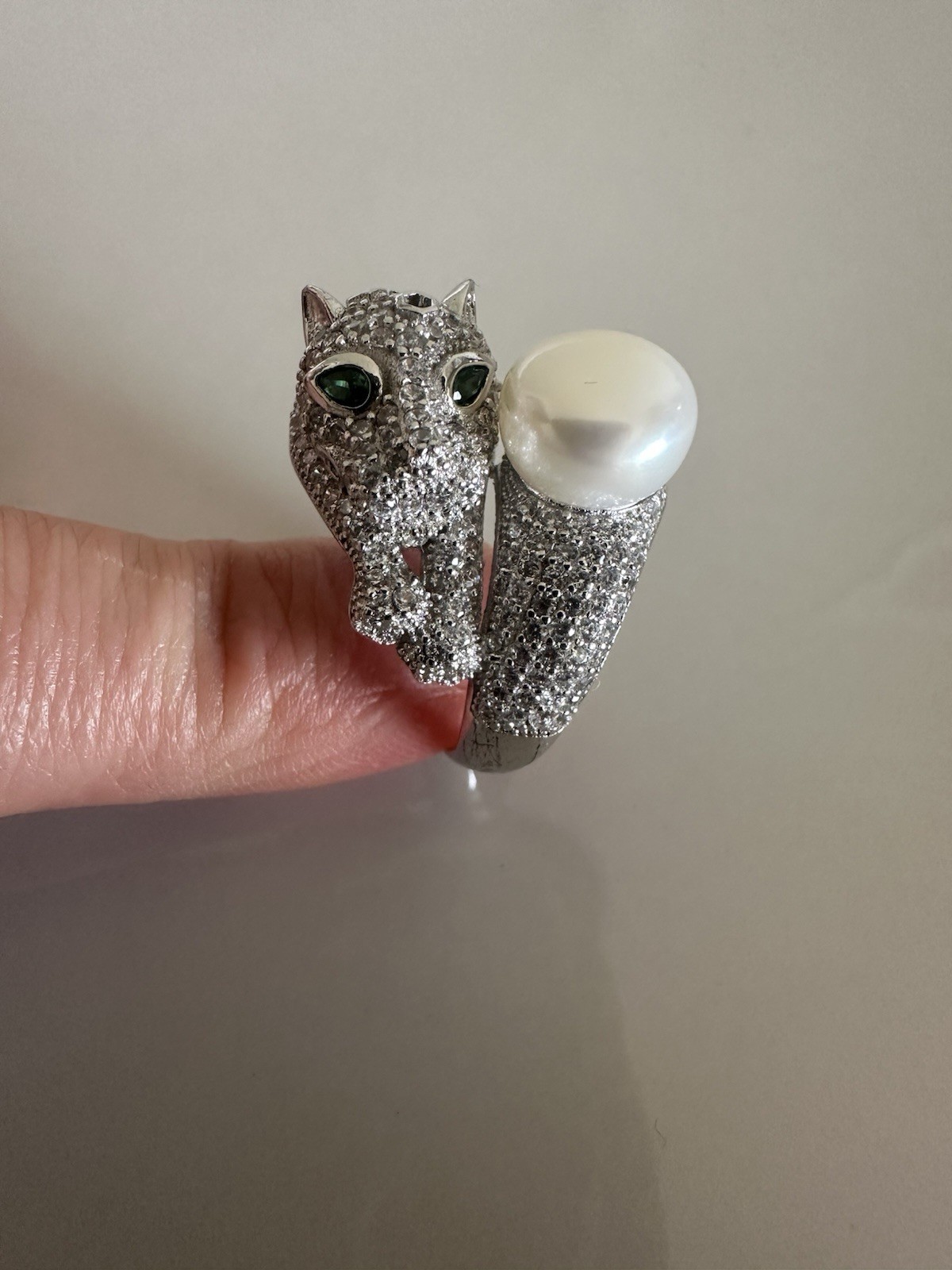 Ring 925 Silver Panther Head, Green Eye Cubic Zirconia With Pearl 7_8 Size