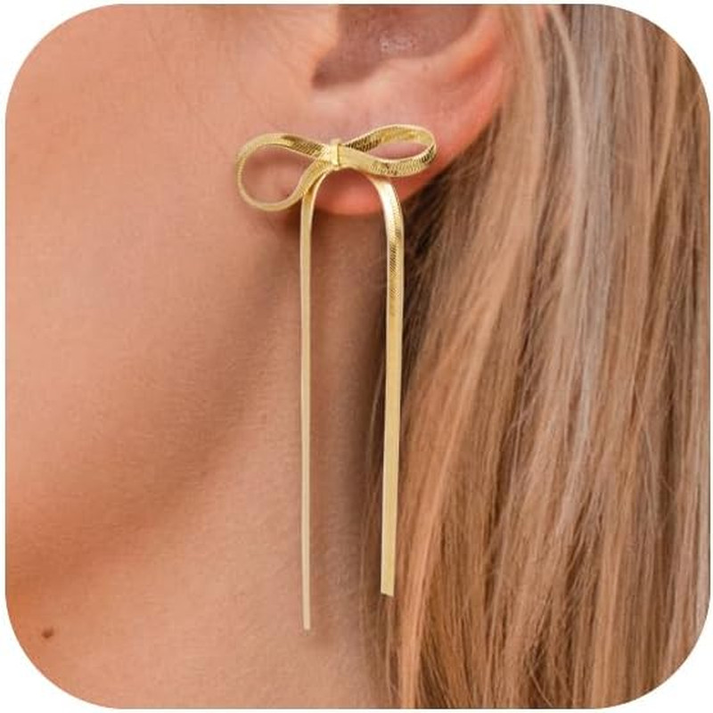 Bow Earrings for Women, 18K Gold Plated Bow Dangle Earrings Dangling Dangly Gold