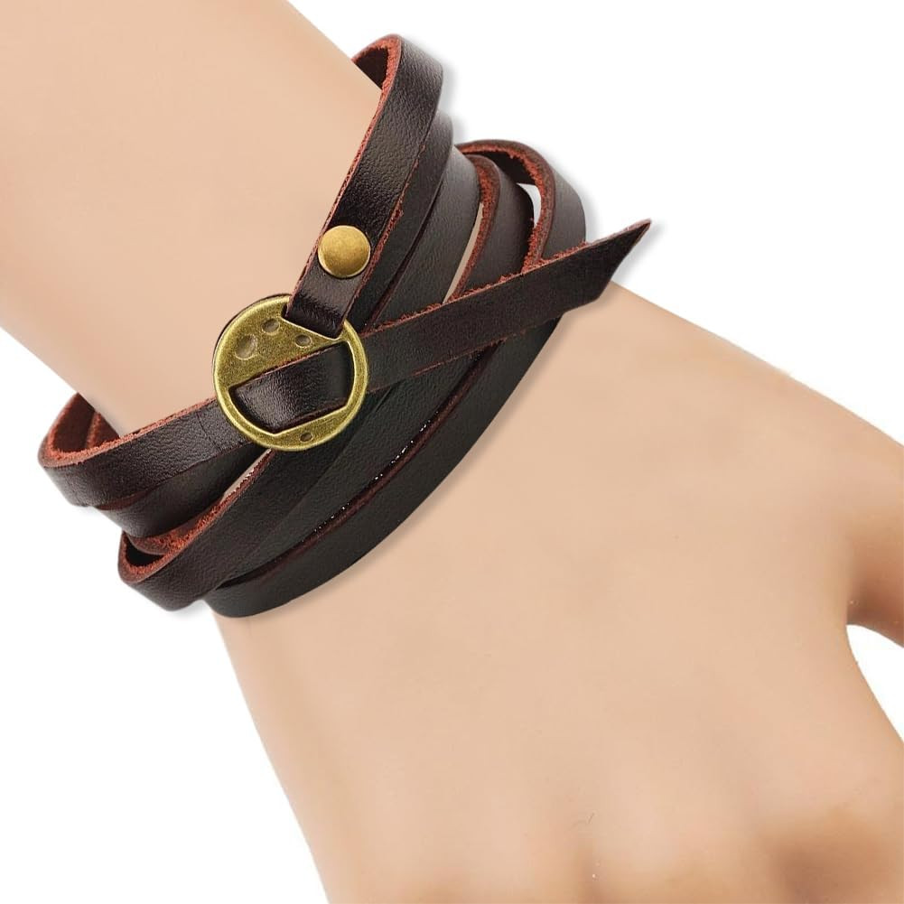 2PCS Genuine Leather Cuff Bracelets Adjustable Cowhide Leather Boho Layered Arm