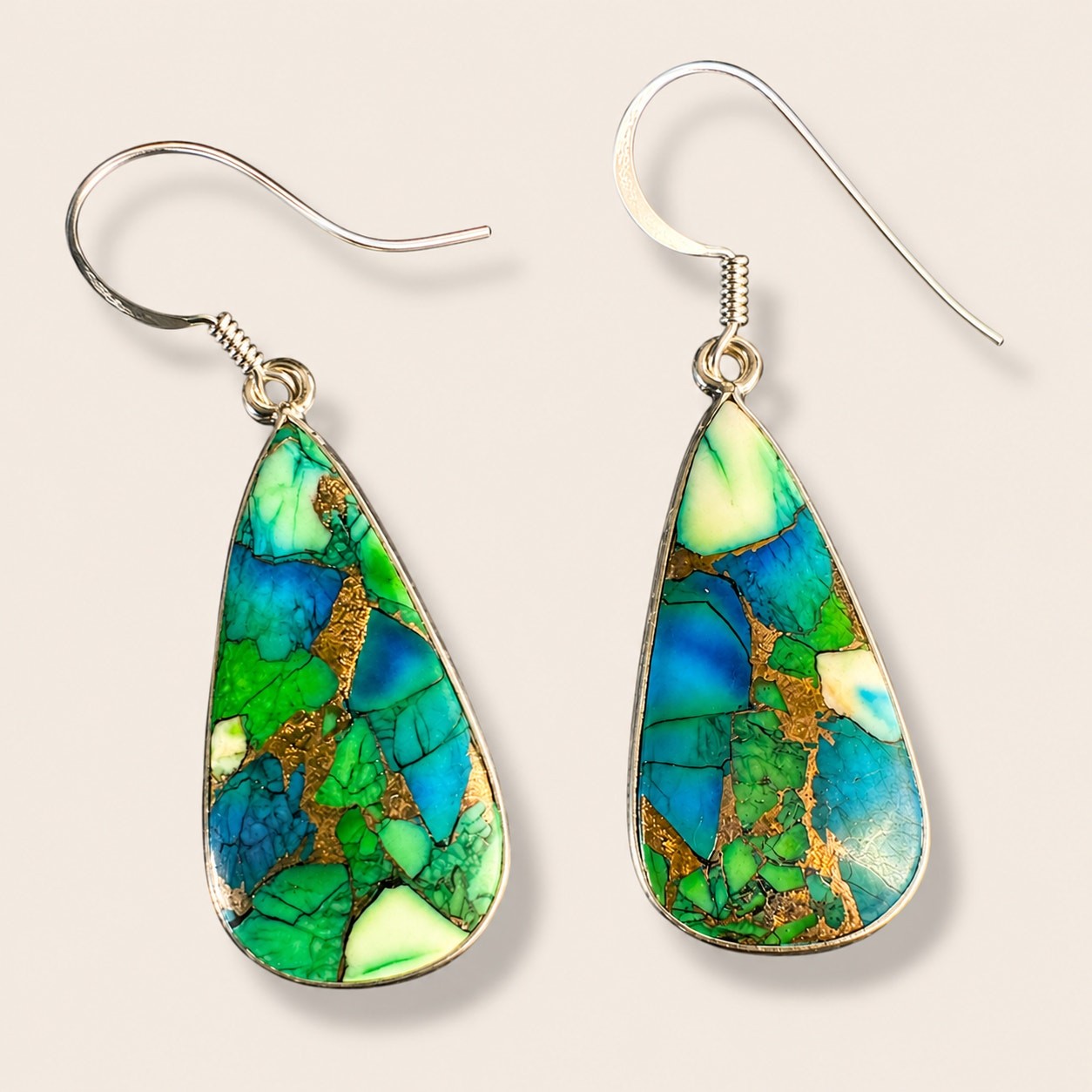 925 Sterling Silver Blue Green Mosaic Turquoise Teardrop Dangle Earrings New